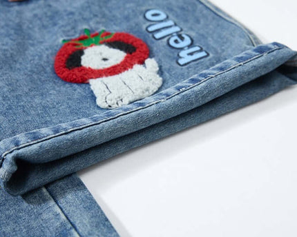Embroidered College Style Cartoon Patch Denim Pants
