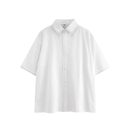 Minimal Casual Loose Short Sleeve Shirt in white with flip collar and button detail for men and women.