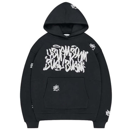 Printed Top and Long Pants – Street Fit casual black hoodie with graphic design and front pocket.