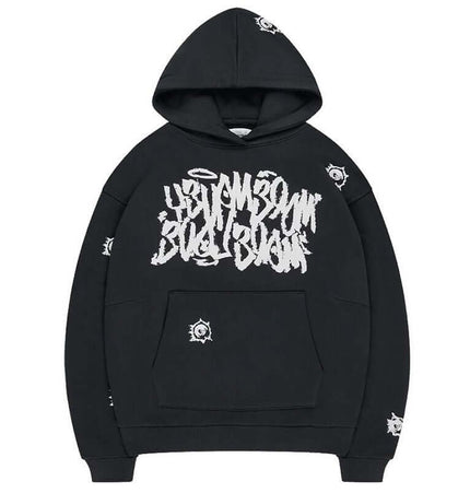 Printed Top and Long Pants – Street Fit casual black hoodie with graphic design and front pocket.