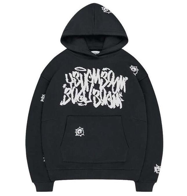 Printed Top and Long Pants – Street Fit casual black hoodie with graphic design and front pocket.