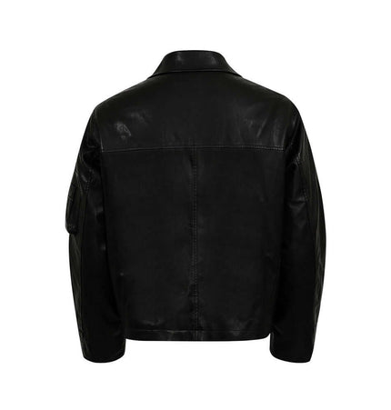 Back view of Patchwork Cotton Jacket – Loose Fit showcasing PU leather patchwork and a classic collar.