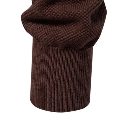 Close-up view of the fabric texture of a Stand Collar Half-Zip Knit Sweater in rich brown.