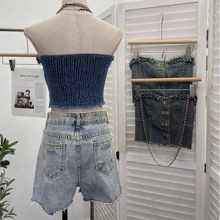 Débardeur sans bretelles ajusté en denim avec boucle