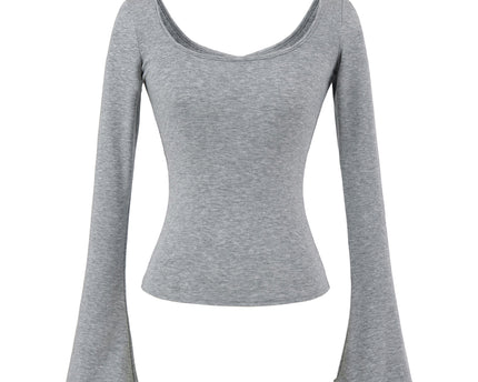 Tricou elastic cu mâneci lungi, cu dungi, de tip U-neck, strâns