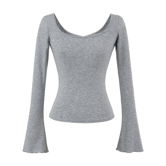 U-neck striped long sleeved elastic T-shirt tight top