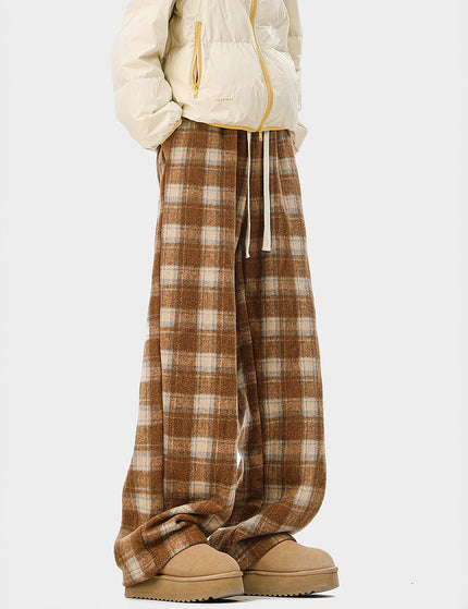 Casual Checkered Drawstring Pants Men Winter  Style Couple Fleece-Lined Warm Loose Vintage Sport Long Pants