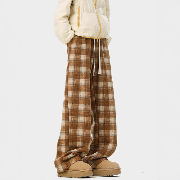 Casual Checkered Drawstring Pants Men Winter  Style Couple Fleece-Lined Warm Loose Vintage Sport Long Pants