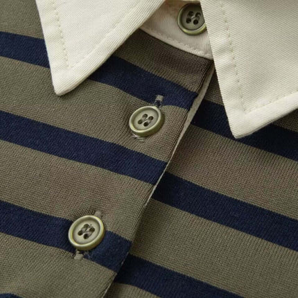 Close-up of Striped Lapel Polo Shirt showcasing striped pattern and button details.