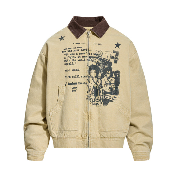 Vintage Portrait Letter Print Patchwork Workwear Turn-down Collar Jacket for Men and Women, Loose Casual Autumn/Winter Fleece Lined Outerwear