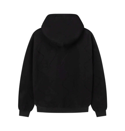 Embroidered Letter Hoodie – Loose Fit, back view of black oversized hoodie with a hood and ribbed cuffs.