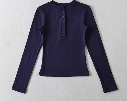 Elastisches Unifarbenes Basis Rundhals Halbknopf Langarm T-Shirt Oberteil