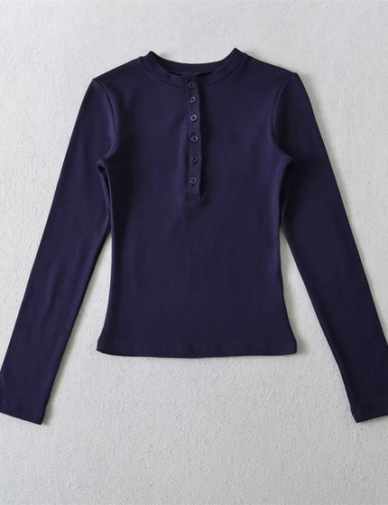 T-shirt à manches longues basique en couleur unie avec col rond et demi-boutonnage