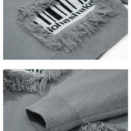 Fringe Patchwork Knit Sweater – Loose Fit with raw-edge detailing and fringe accents in a stylish gray fabric.