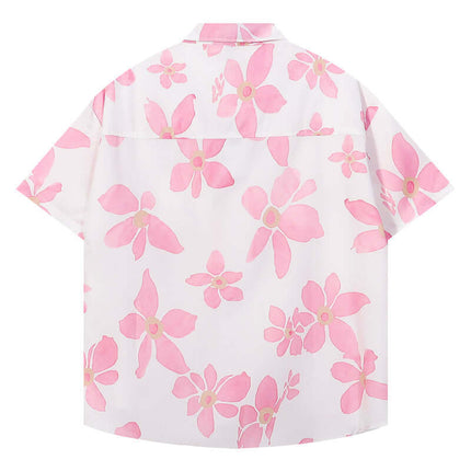 Pink Floral Short Sleeve Shirt – Loose Fit with a vibrant pink and white floral pattern on the back.