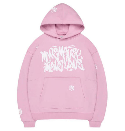 Printed Top and Long Pants – Street Fit in a stylish pink hoodie with bold graphic design.