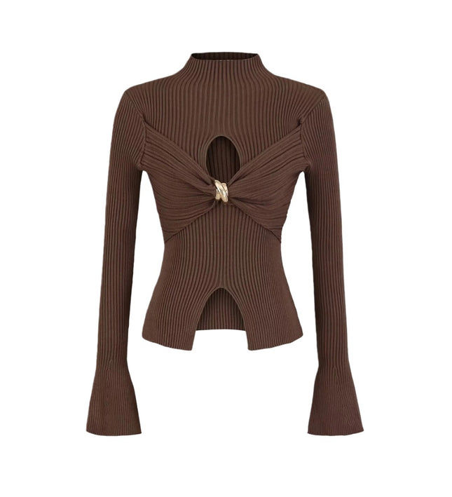 Metal Knot Hollow Out Flare Sleeve Knit Top for Women, Pure Seductive Style, Sexy Chic, Fitted Split Design