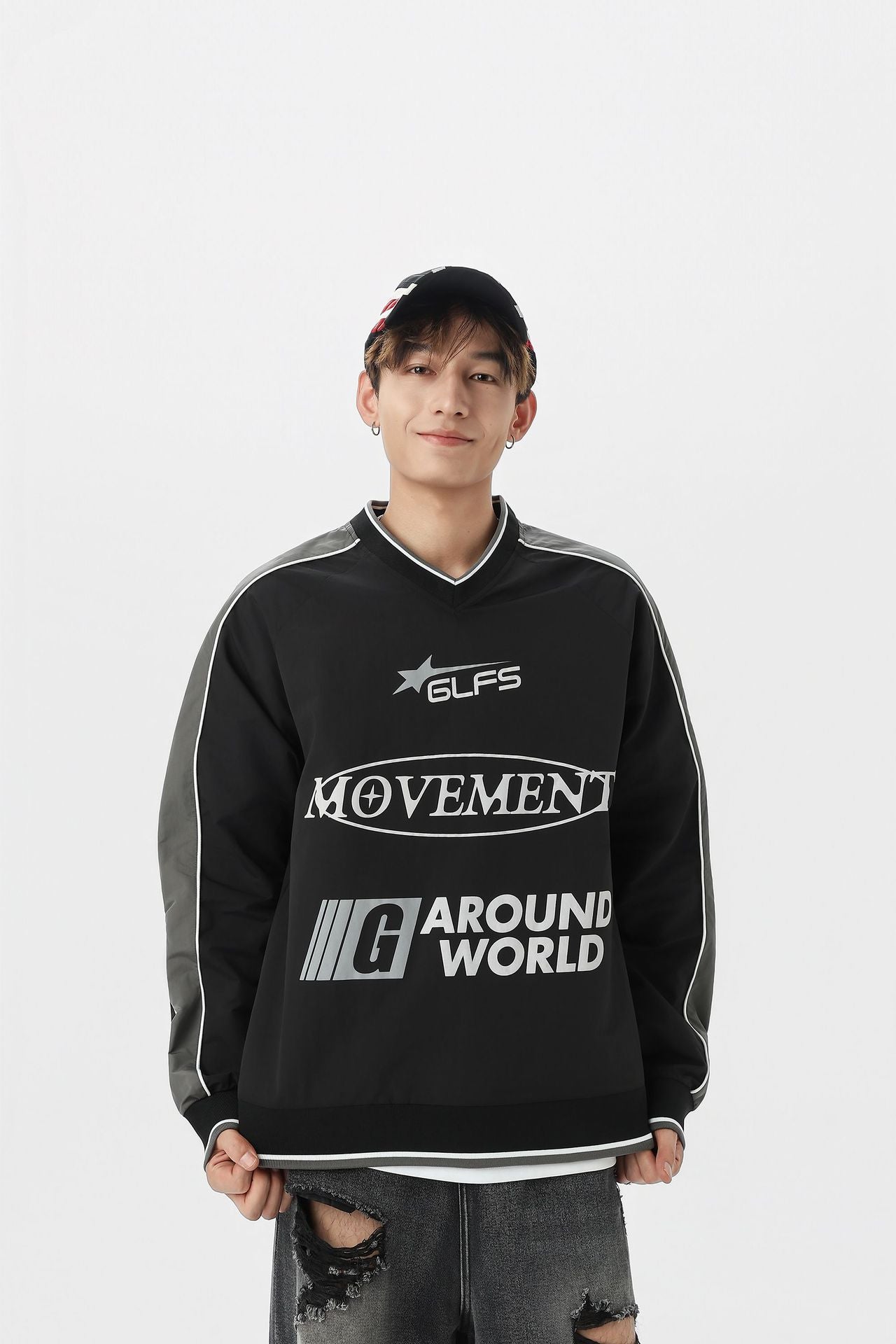 Camisa de Manga Larga con Cuello en V Deportiva Impermeable Negra Blanca