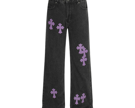 Style Trendy Unisex Retro Cross Pattern Slim Fit Flared Denim Pants