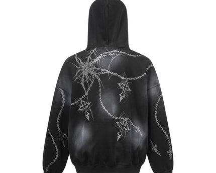 Distressed chain cross hoodie | Streetwear pullover hoodie | Unisex loose fit hoodie | Trendy cross print sweatshirt | Casual street style hoodie | Black and red hoodie