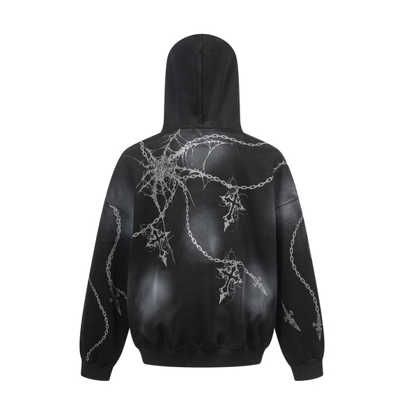 Distressed chain cross hoodie | Streetwear pullover hoodie | Unisex loose fit hoodie | Trendy cross print sweatshirt | Casual street style hoodie | Black and red hoodie