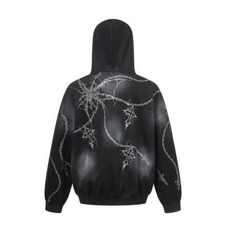 Distressed chain cross hoodie | Streetwear pullover hoodie | Unisex loose fit hoodie | Trendy cross print sweatshirt | Casual street style hoodie | Black and red hoodie