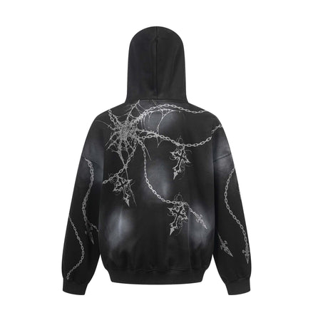 Distressed chain cross hoodie | Streetwear pullover hoodie | Unisex loose fit hoodie | Trendy cross print sweatshirt | Casual street style hoodie | Black and red hoodie