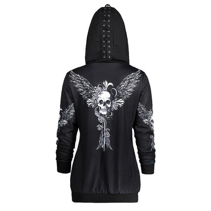 Skull wings print sweatshirt with criss-cross embellishment on hood, punk style, organic relaxed cotton, ideal for fall, spring, winter