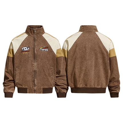 Vintage Distressed Patchwork Letter Embroidery Lapel Jacket, Unisex Loose Casual Couple  Versatile Outerwear