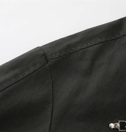 Detail view of the Stand Collar Casual Jacket – Loose Fit showing gray fabric and structure.