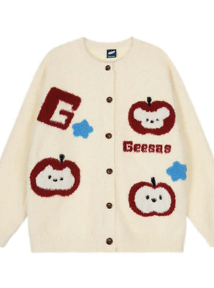 Model wearing Apricot floral knit heavy cardigan by Grozavu