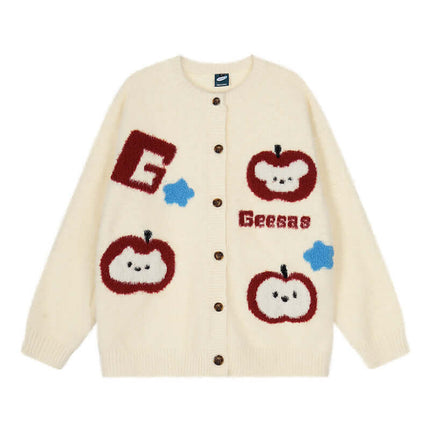 Model wearing Apricot floral knit heavy cardigan by Grozavu