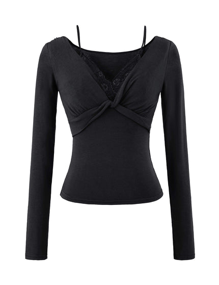 T-shirt à manches longues en dentelle torsadée pour femmes