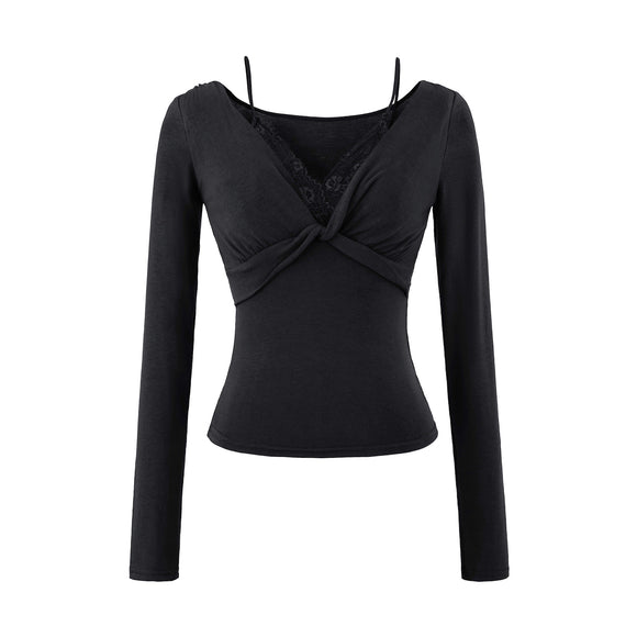 Twisted lace long sleeved T-shirt for women
