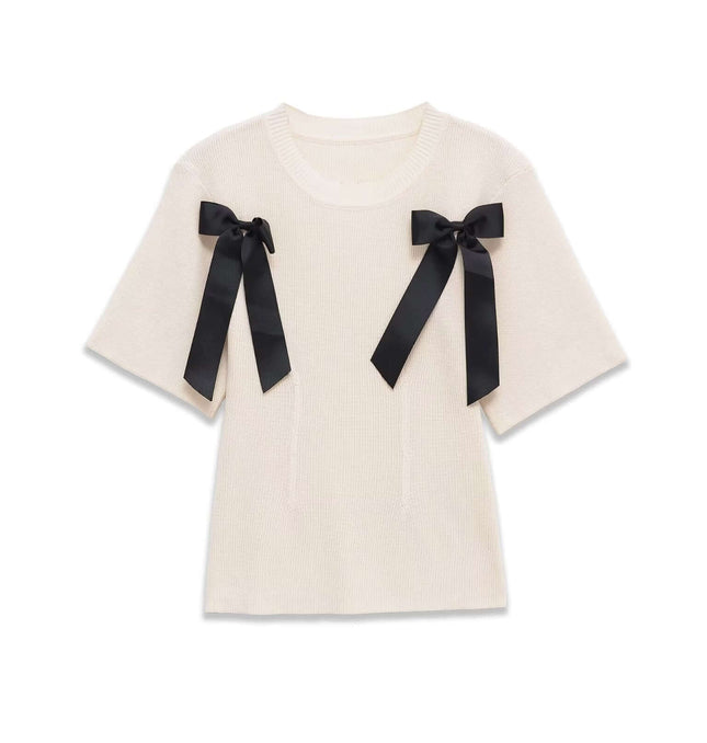 Front view of Bow Detail Ribbed Tee - Grozavu brand streetwear