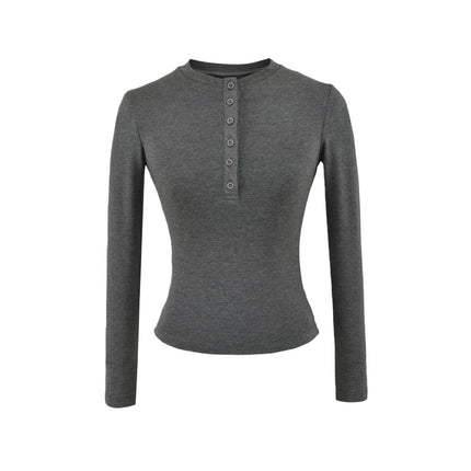 Solid Color Basic Round Neck Half-Button Long Sleeve Innerwear for Women, Elastic Slim Fit Fleece-Lined T-Shirt Top