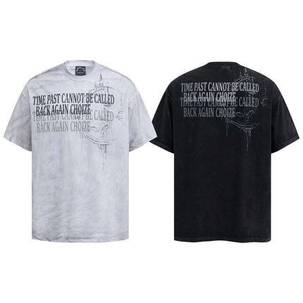 Retro Washed Castle Letter T-Shirt – Loose Fit in gray and black with bold text print.