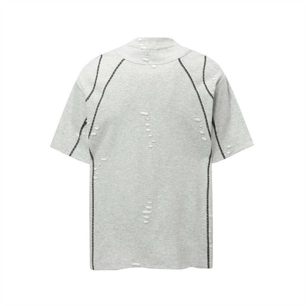 Back view of the Punk Distressed Short Sleeve T-Shirt – Loose Fit showcasing patchwork and ripped hole details.