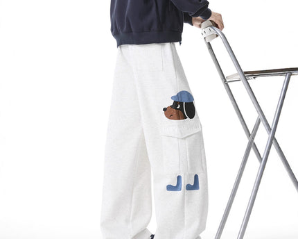 Dog Embroidery Sweatpants Men's Autumn Vintage Multi-Pocket Casual Pants High Street Versatile Drawstring Loose Sport Pants