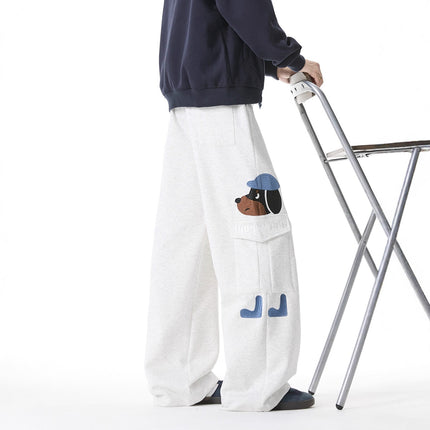 Pantaloni Felpati Ricamati con Cane - Vestibilità Ampia