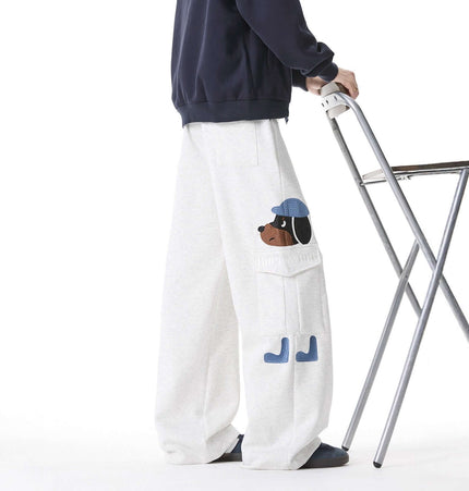 Dog Embroidered Sweatpants - Loose Fit with playful dog design and functional pockets.