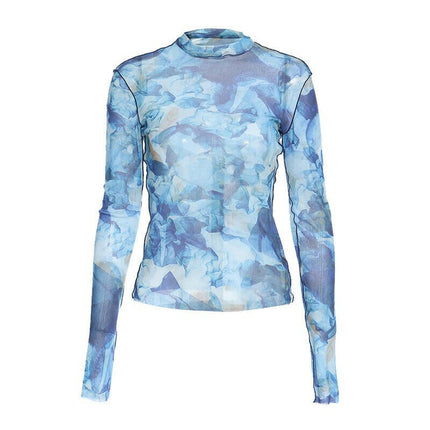 Grozavu's Blue Pattern Turtleneck T-Shirt: Elastic Style at €58.99