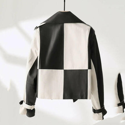 Chic and Timeless: Grozavu's High-End Black White Check Splice Leather Jacket! at €86.99