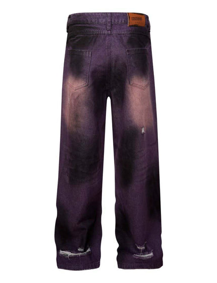 Washed Tie-Dye Distressed Denim Pants Unisex Loose Wide-Leg Straight Long Pants