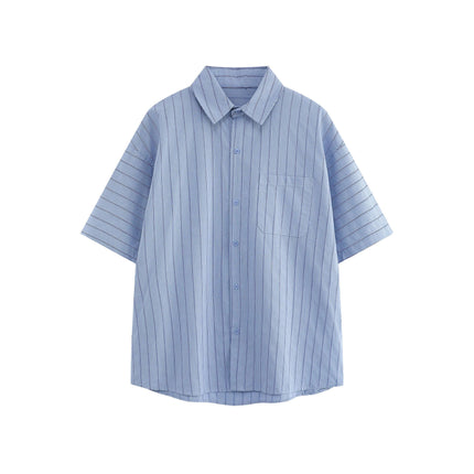 Patch Striped Short Sleeve Shirt - Loose Fit in light blue with a patch striped pattern and turn-down collar.
