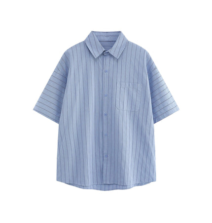 Patch Striped Short Sleeve Shirt - Loose Fit in light blue with a patch striped pattern and turn-down collar.