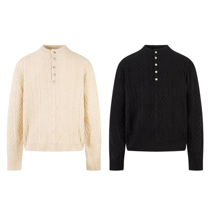 Jacquard Diamond Knit Sweater – Half-Open Collar