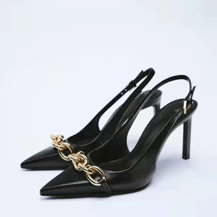 Grozavu: Black Chain Embellished High Heeled Pointed Sandals at €72.99