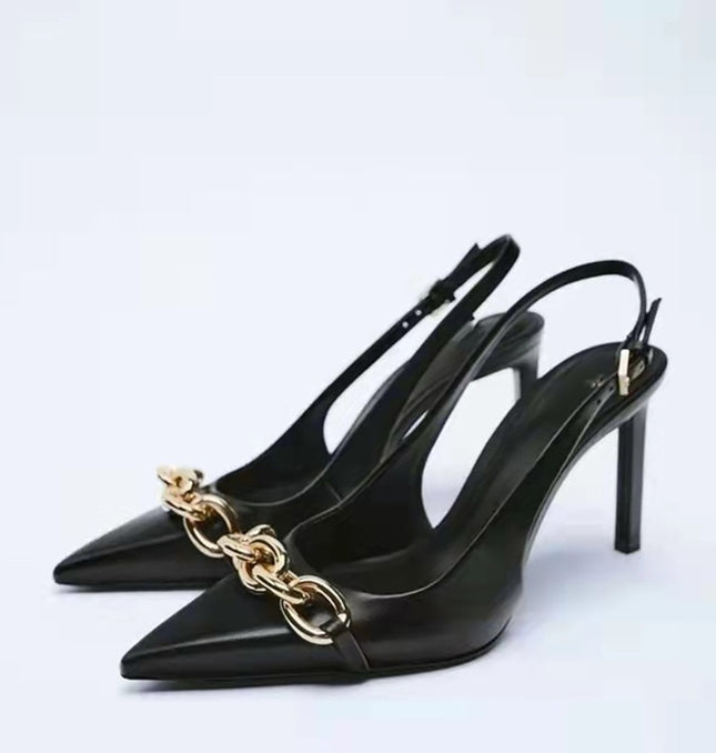 Grozavu: Black Chain Embellished High Heeled Pointed Sandals at €72.99