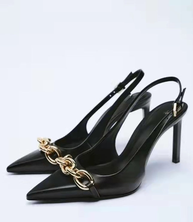 Grozavu: Black Chain Embellished High Heeled Pointed Sandals